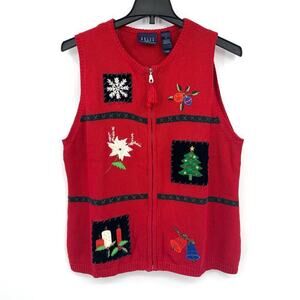 Crazy Horse Vintage Y2K Red Christmas Vest Cardigan Women’s Size XL Full Zip